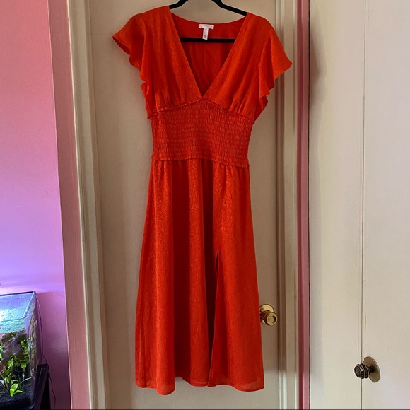 Leith Dresses & Skirts - Leith Red Midi Dress w Floral Print, V-Neck, Ruffle Sleeves and Slit in Front